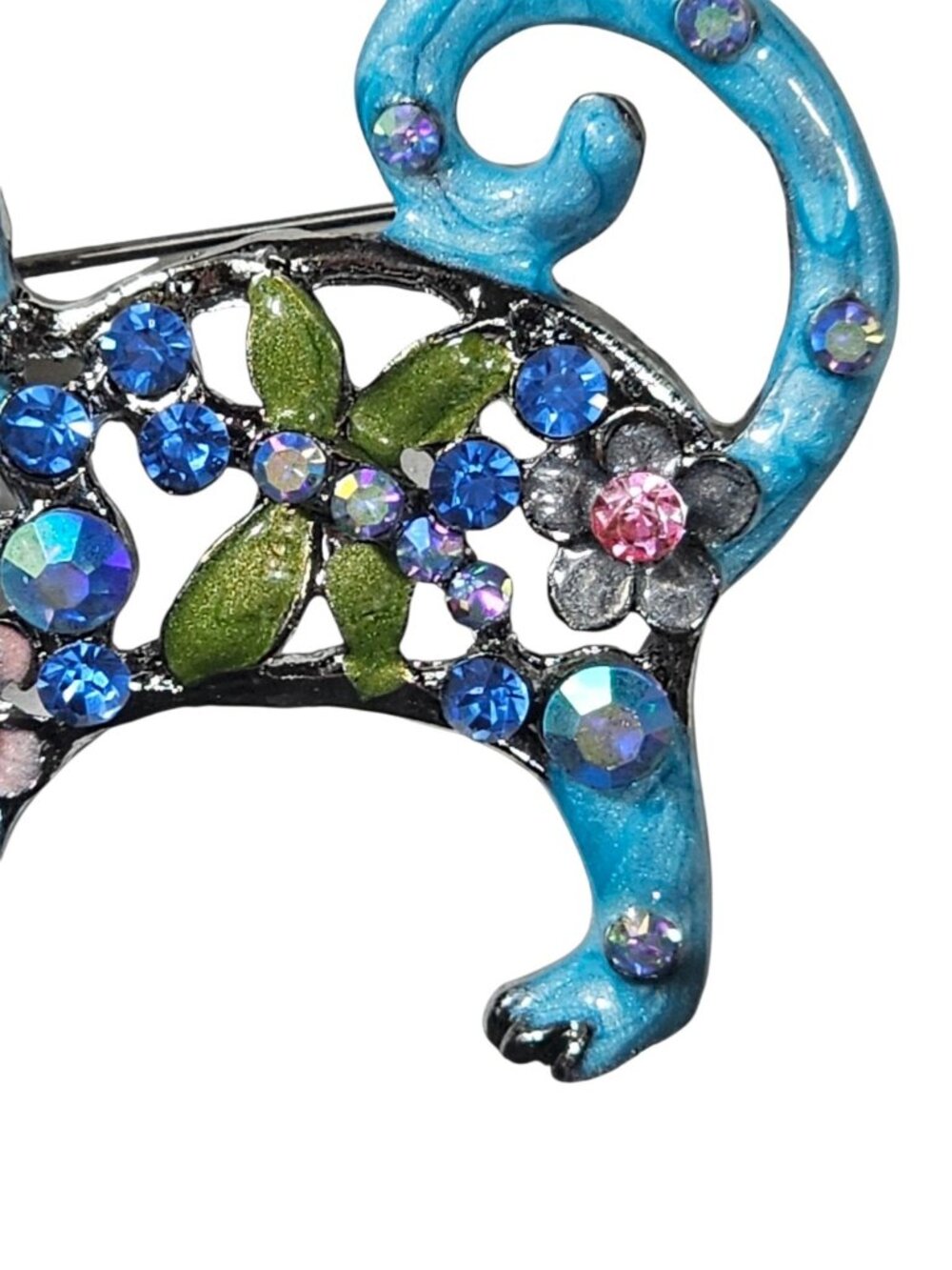 Betsy Johnson BROOCH Pendant PIN 1.9" ANIMAL RHINESTONE ENAMEL BLUE CAT FLOWER - Picture 7 of 8